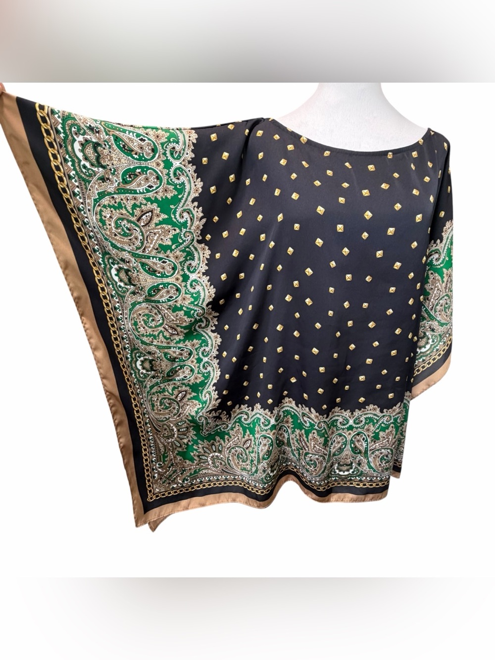 Michael Kors Poncho Top Black Green Paisley Chain Print Caftan Blouse Size M/L